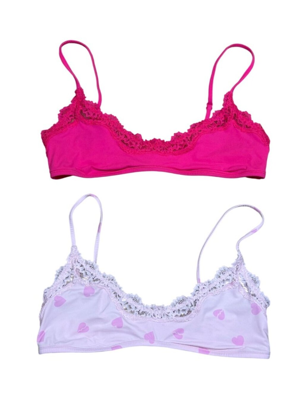 SKIMS 2-Pack Lace Trim Bralettes Pink & Heart Print Lightweight Size L